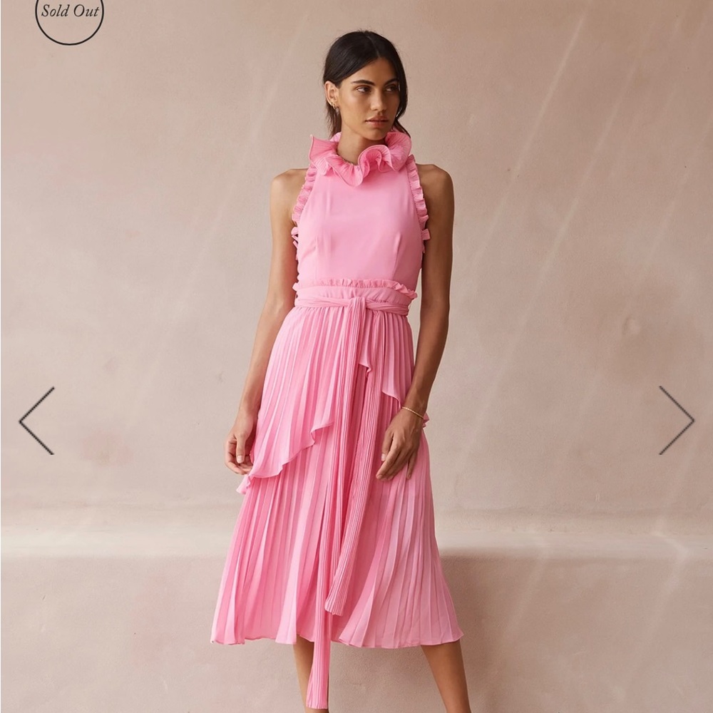 TALULAH Pink Ruffle Neck Midi Dress